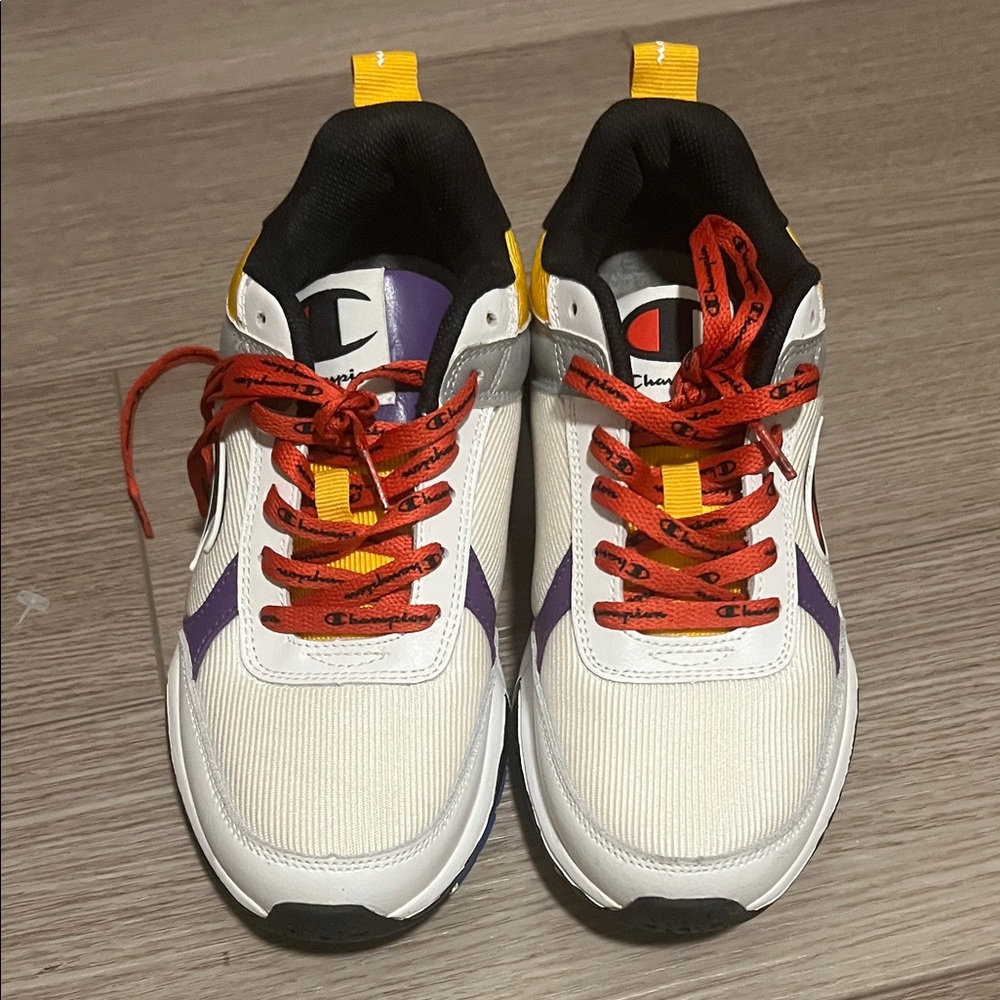 Champion White Sneakers with Red and Purple Accents